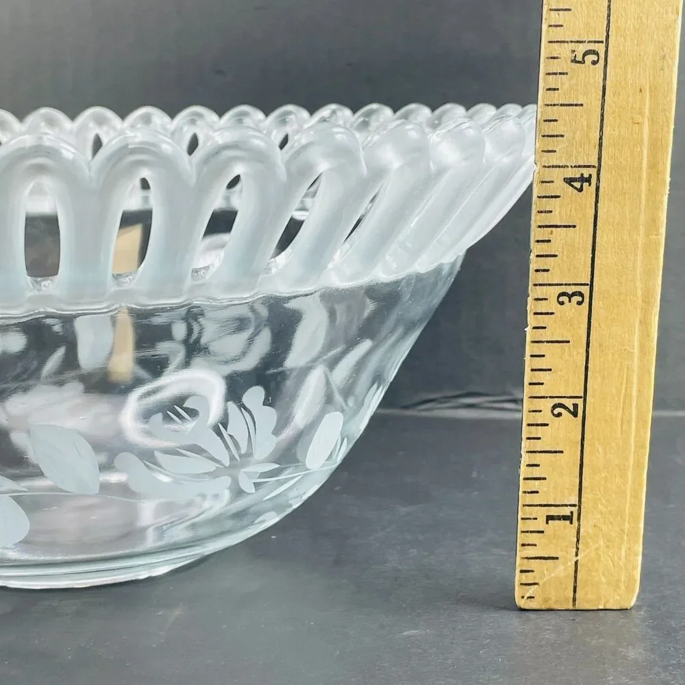Vintage Clear Glass Frosted Laced Edge Fruit Bowl 10